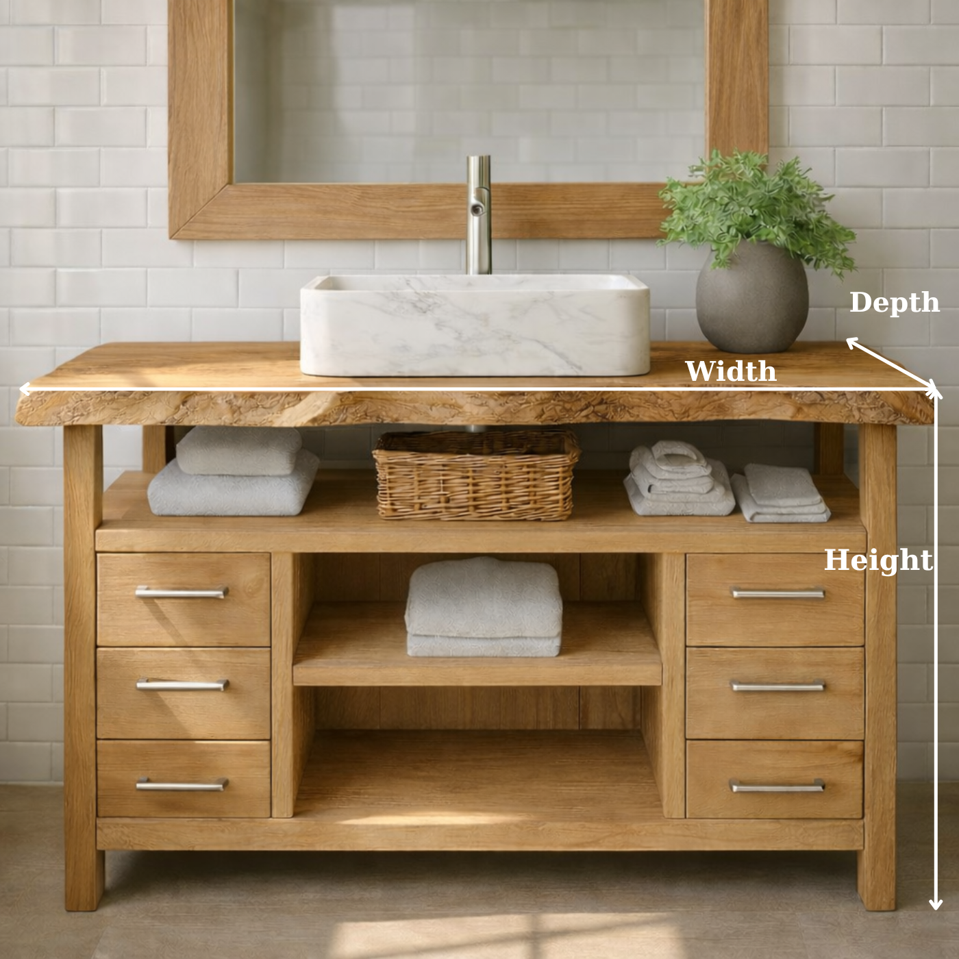 Solid Wood Bathroom Vanity with Six Drawers and Open Shelves – Freestanding Natural Wood Vanity Cabinet Kitchnce