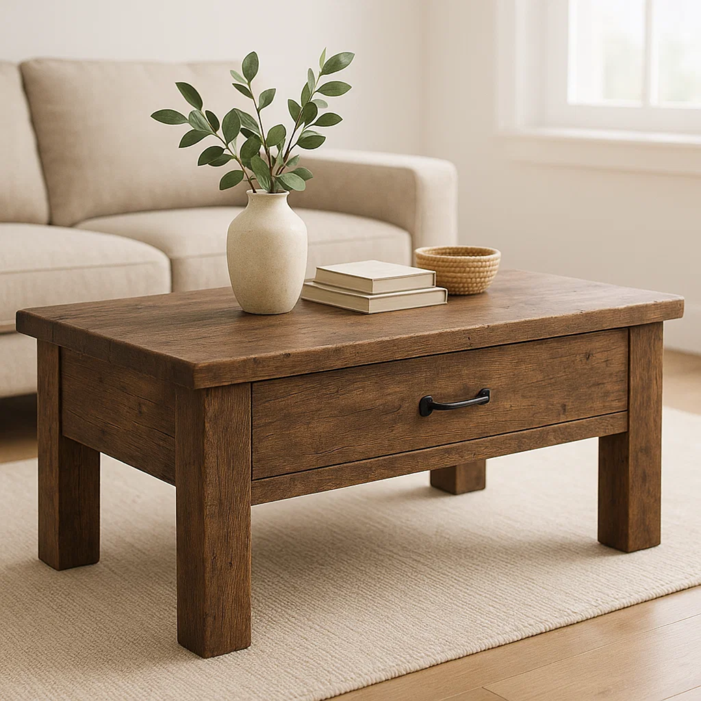 Handcrafted Solid Wood Coffee Table – Rustic Modern Storage with Single Drawer Kitchnce