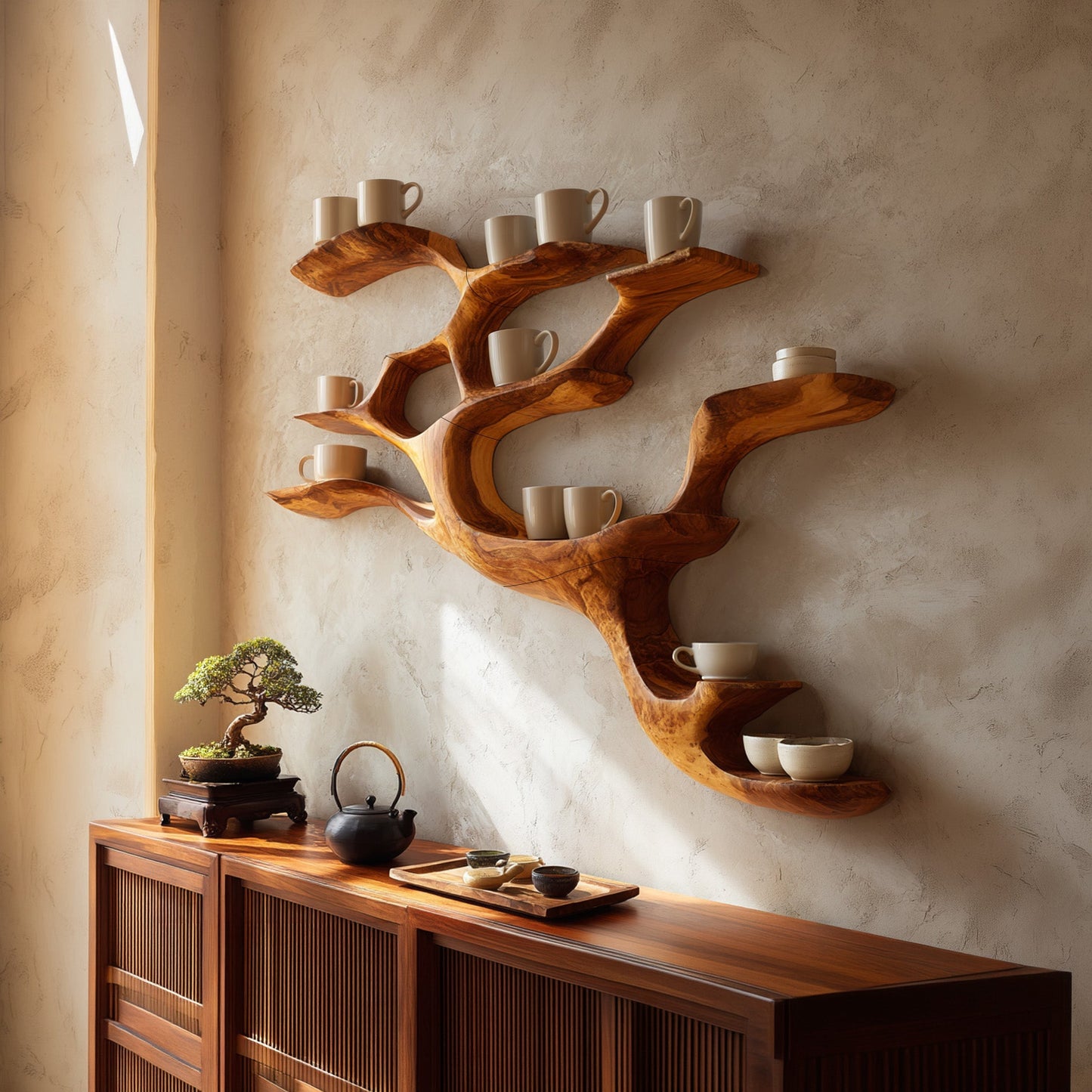 Branch Form Wood Bar Wall Shelf With Open Display