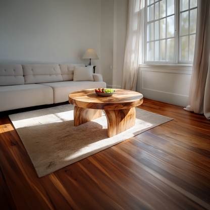Round Solid Wood Coffee Table with Sculptural Block Base