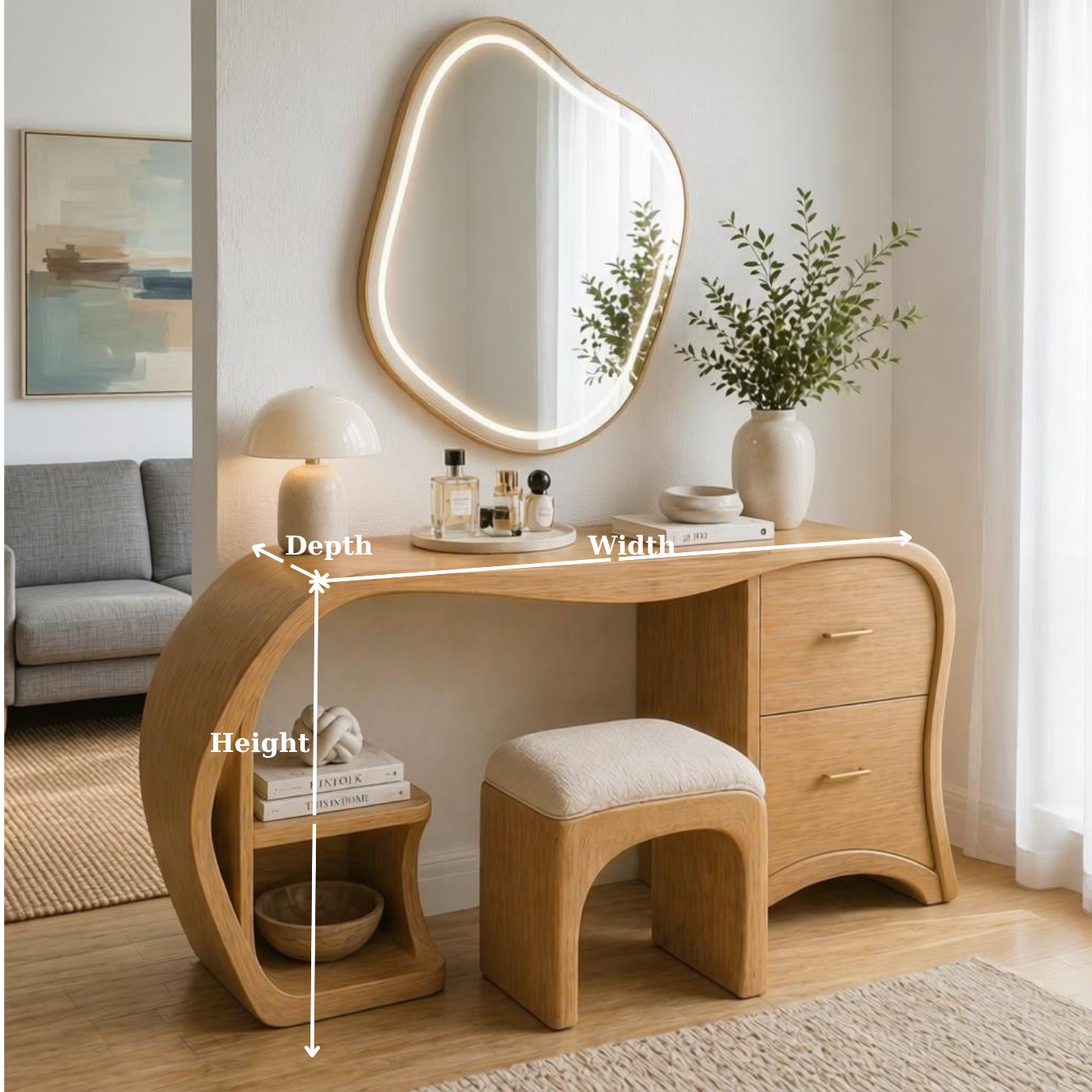 Solid Wood Makeup Vanity Desk with Curved Design and 2 Drawers