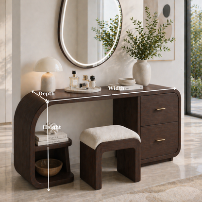Solid Wood Makeup Vanity Desk with Curved Design and 2 Drawer Storage