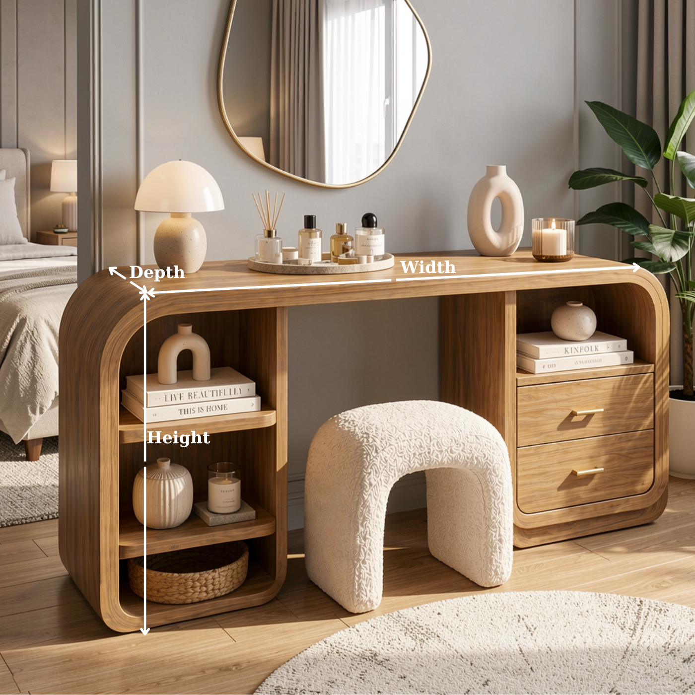 Solid Wood Makeup Vanity Desk with Rounded Design and Drawer Storage