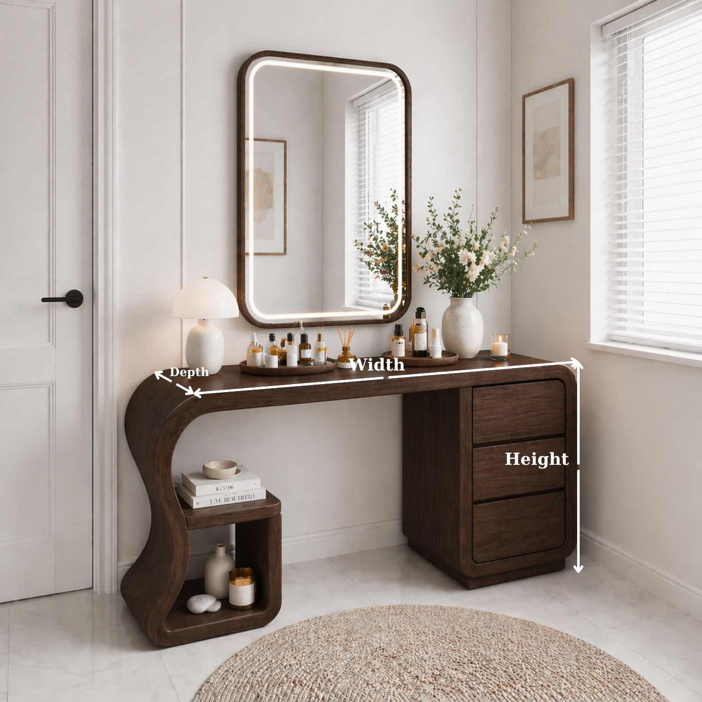 Solid Wood Makeup Vanity Desk with Curved Design and 3 Drawer Storage