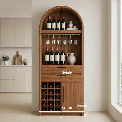Solid Wood Wine Cabinet with Arched Top, Glass Holder and Bottle Storage