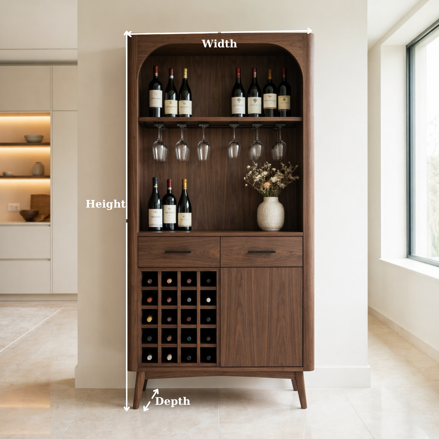 Solid Wood Wine Cabinet with Open Shelves, Glass Holder and Bottle Rack