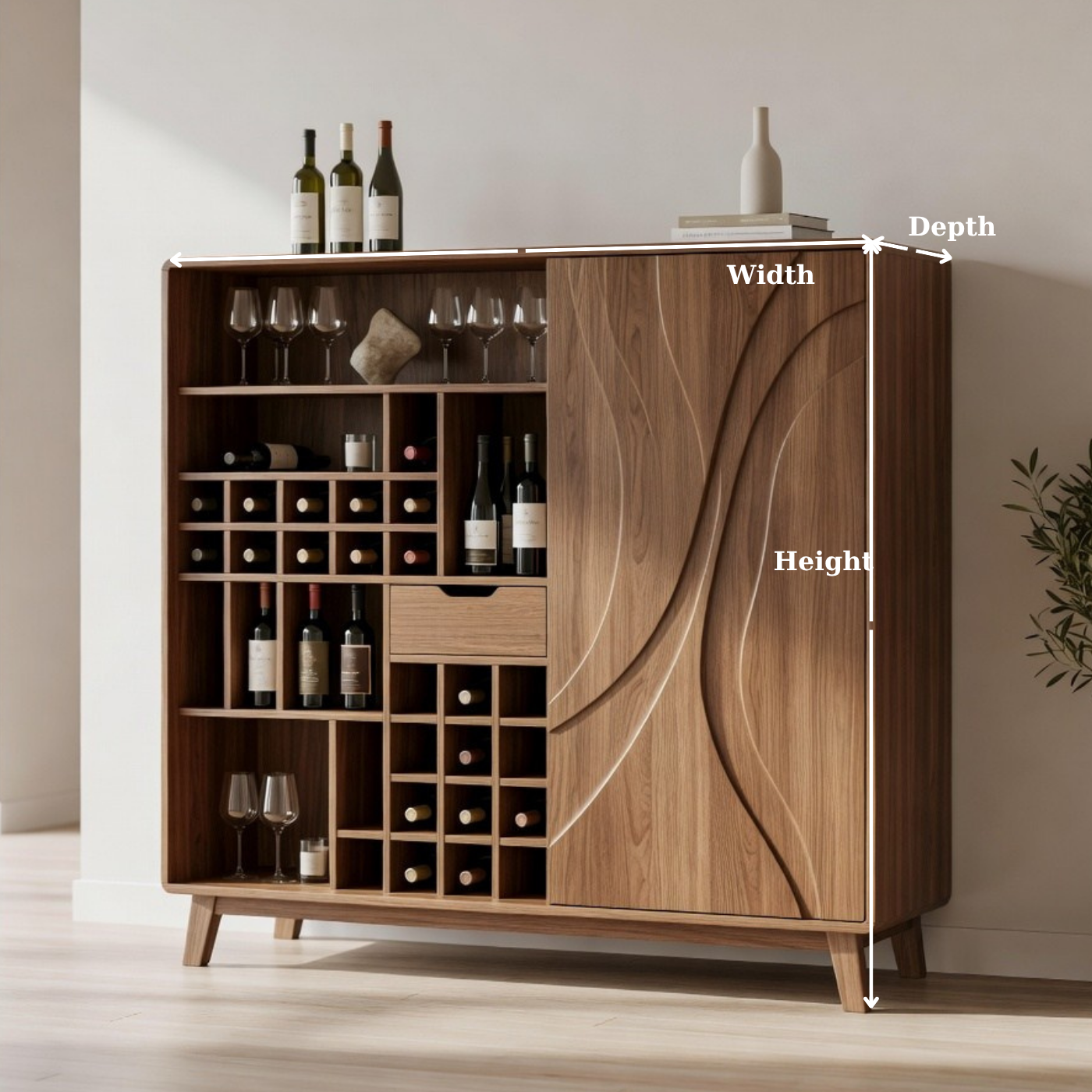 Solid Wood Wine Cabinet with Curved Carved Door and Multi Bottle Storage