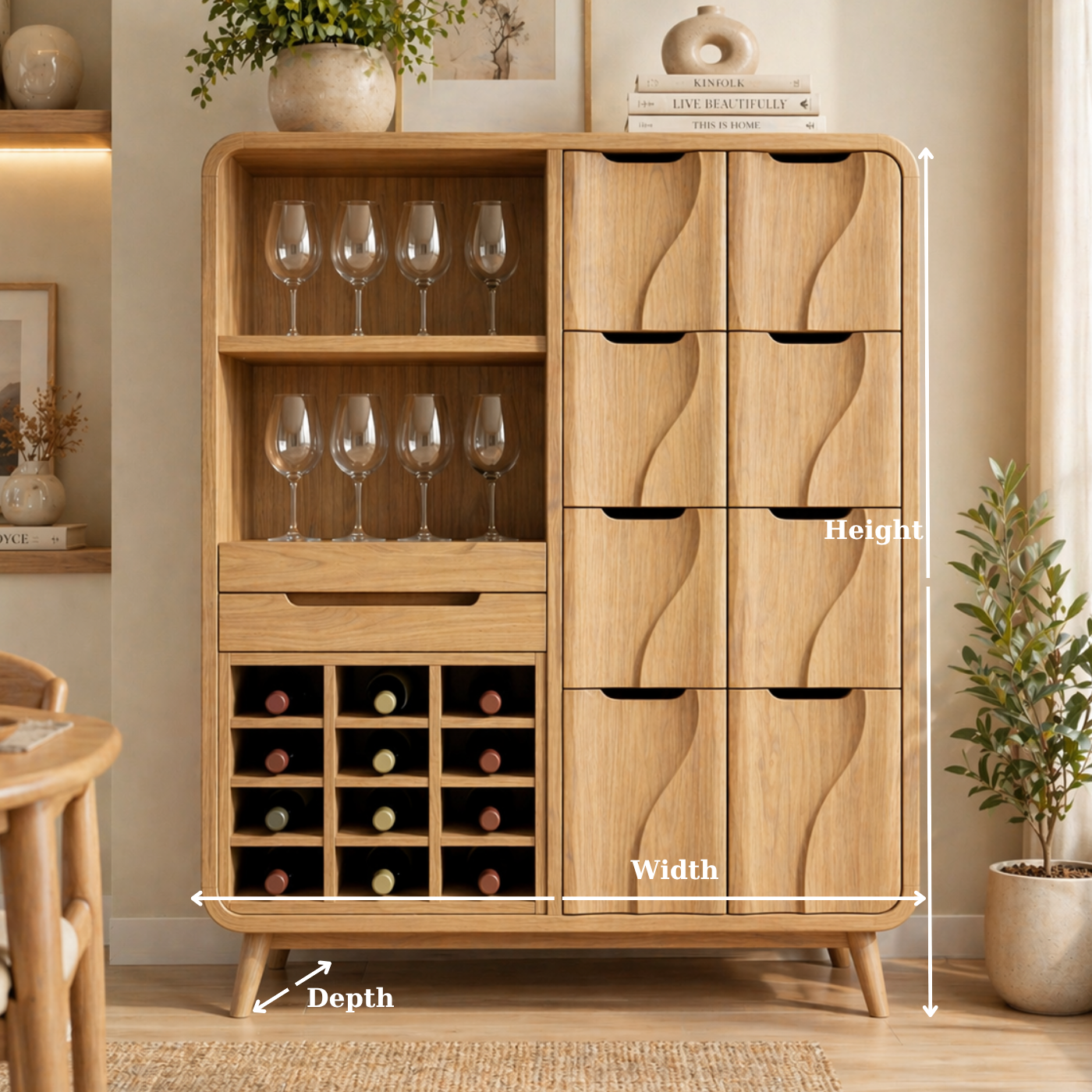 Solid Wood Wine Cabinet with Wave Carved Drawers and Glassware Storage