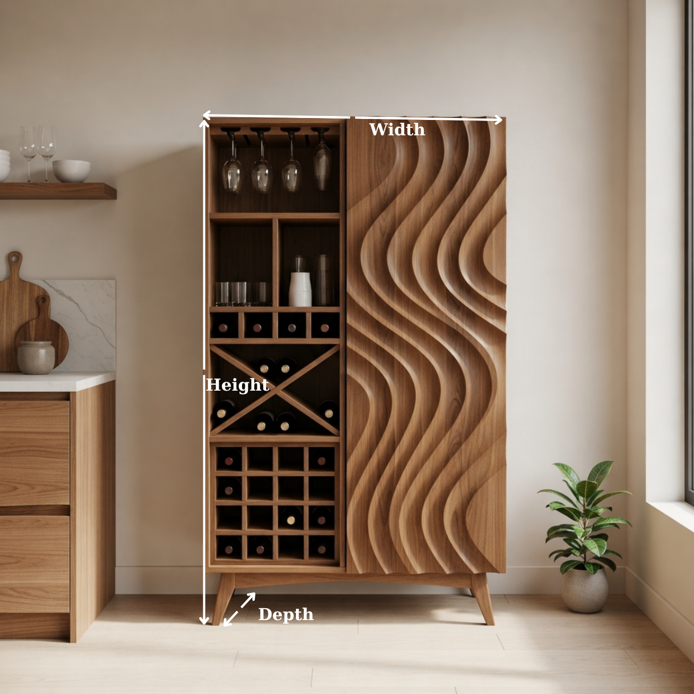 Solid Wood Wine Cabinet with Wave Carved Door and Bottle Storage Rack