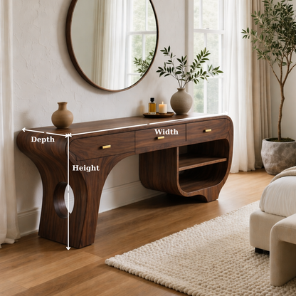 Solid Wood Makeup Vanity Desk with Sculptural Curved Design and Drawers
