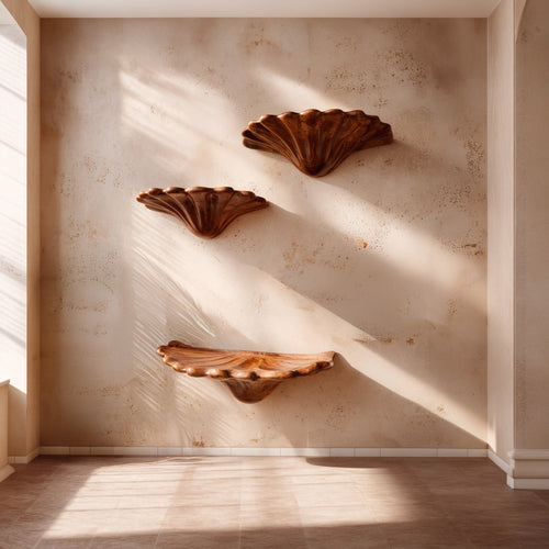 Sculptural Floating Wall Shelf Trio in Natural Wood with Organic Form