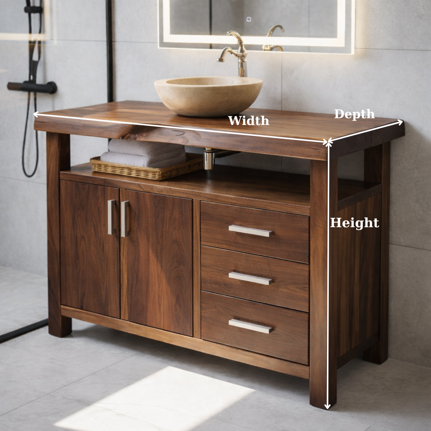 Solid Wood Bathroom Vanity with Cabinet Doors, Three Drawers and Open Shelf – Freestanding Natural Wood Vanity Kitchnce