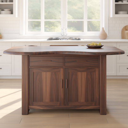Handcrafted Solid Wood Kitchen Island with Live-Edge Curved Top and Spacious Storage Kitchnce