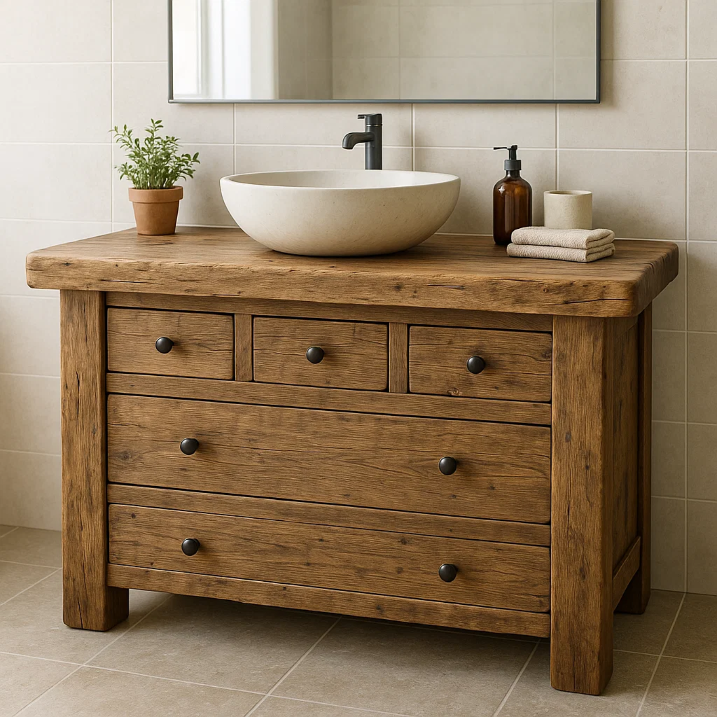 Handcrafted Solid Wood Single Bathroom Vanity - Rustic Storage Cabinet with Drawers Kitchnce