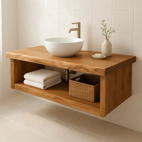 Handcrafted Floating Solid Wood Bathroom Vanity – Live Edge Countertop with Open Storage Shelf – Minimalist Natural Design Kitchnce