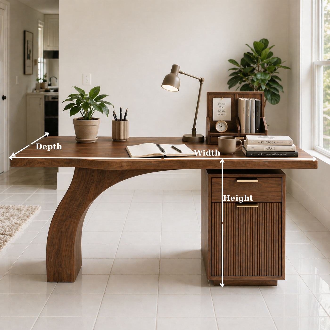 Solid Wood Study Desk with Curved Leg and Drawer Cabinet Storage