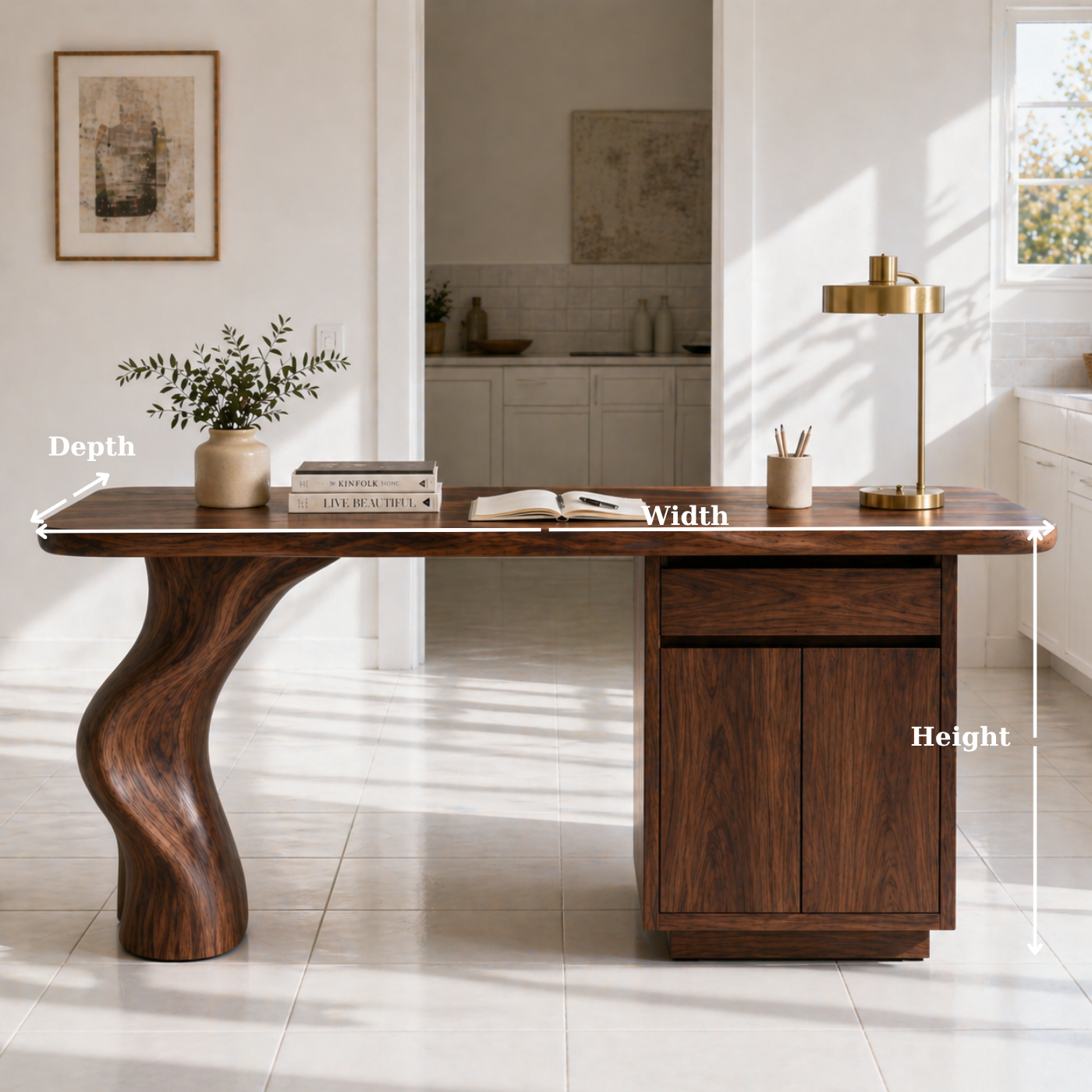 Solid Wood Writing Desk with Sculptural Curved Leg and Storage Cabinet