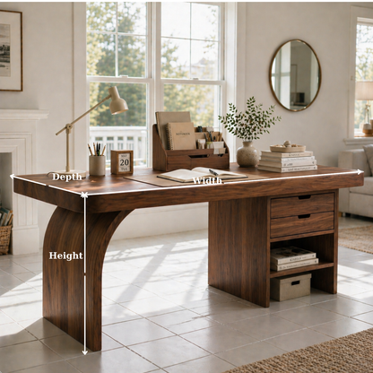 Solid Wood Study Desk with Curved Leg, Drawers and Open Shelf Storage