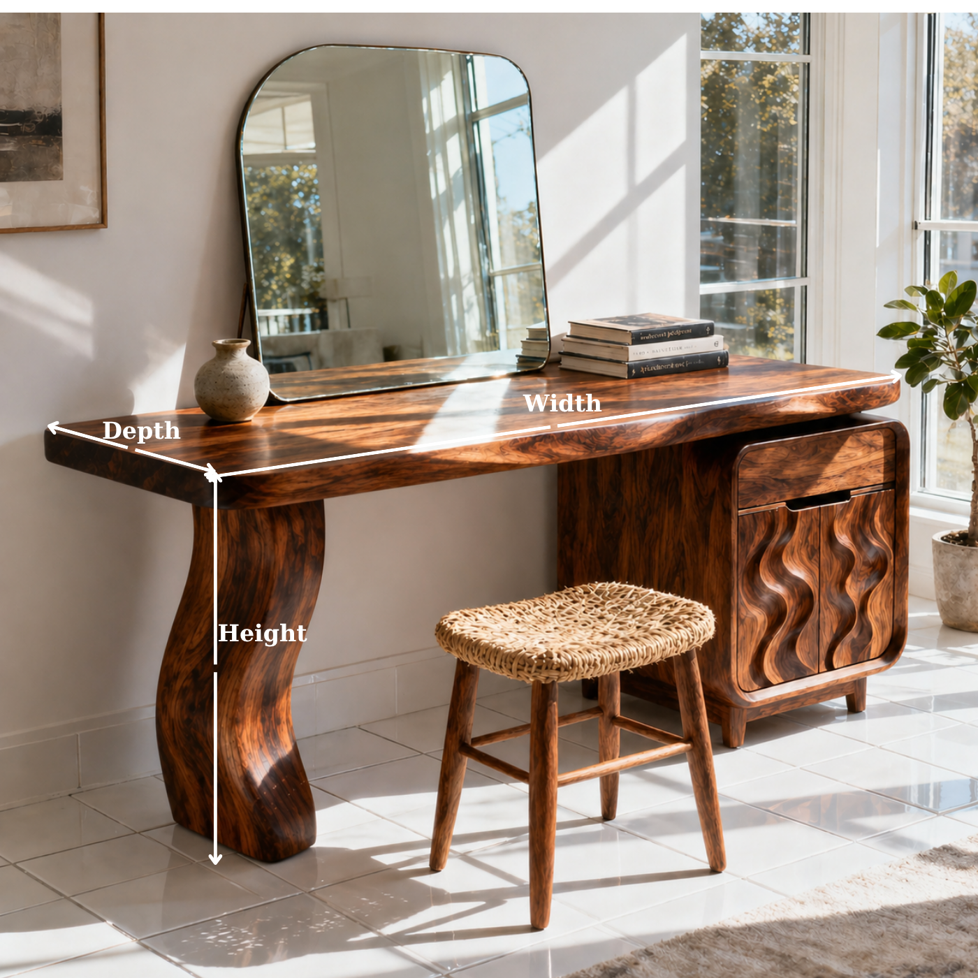 Solid Wood Makeup Vanity Desk with Sculptural Base and Wave Carved Cabinet