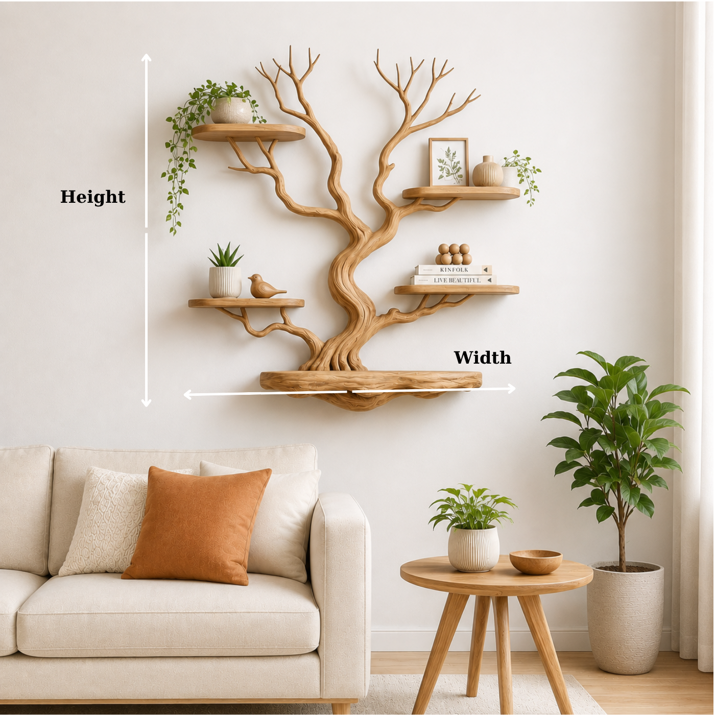 Handcrafted Solid Wood Tree Wall Shelf with Floating Display Shelves