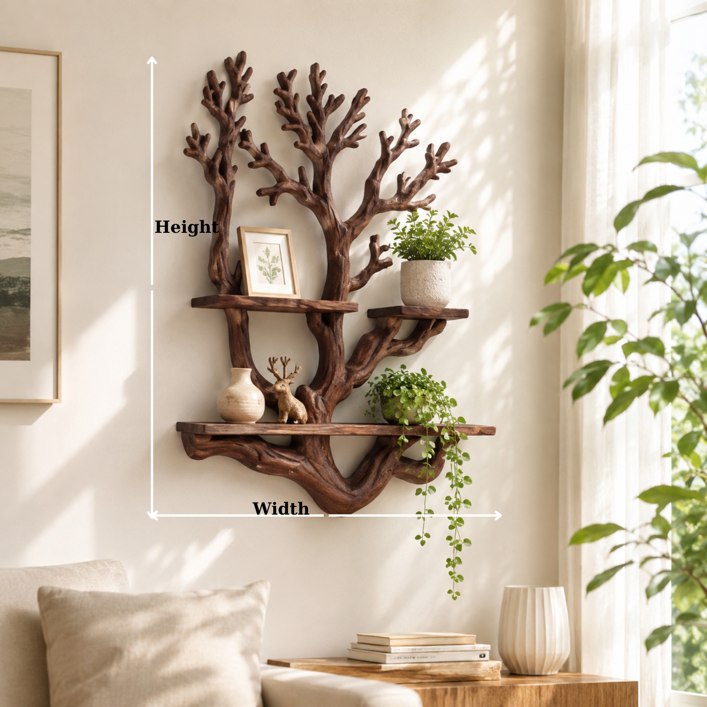 Handcrafted Solid Wood Tree Display Shelf with Organic Branch Design