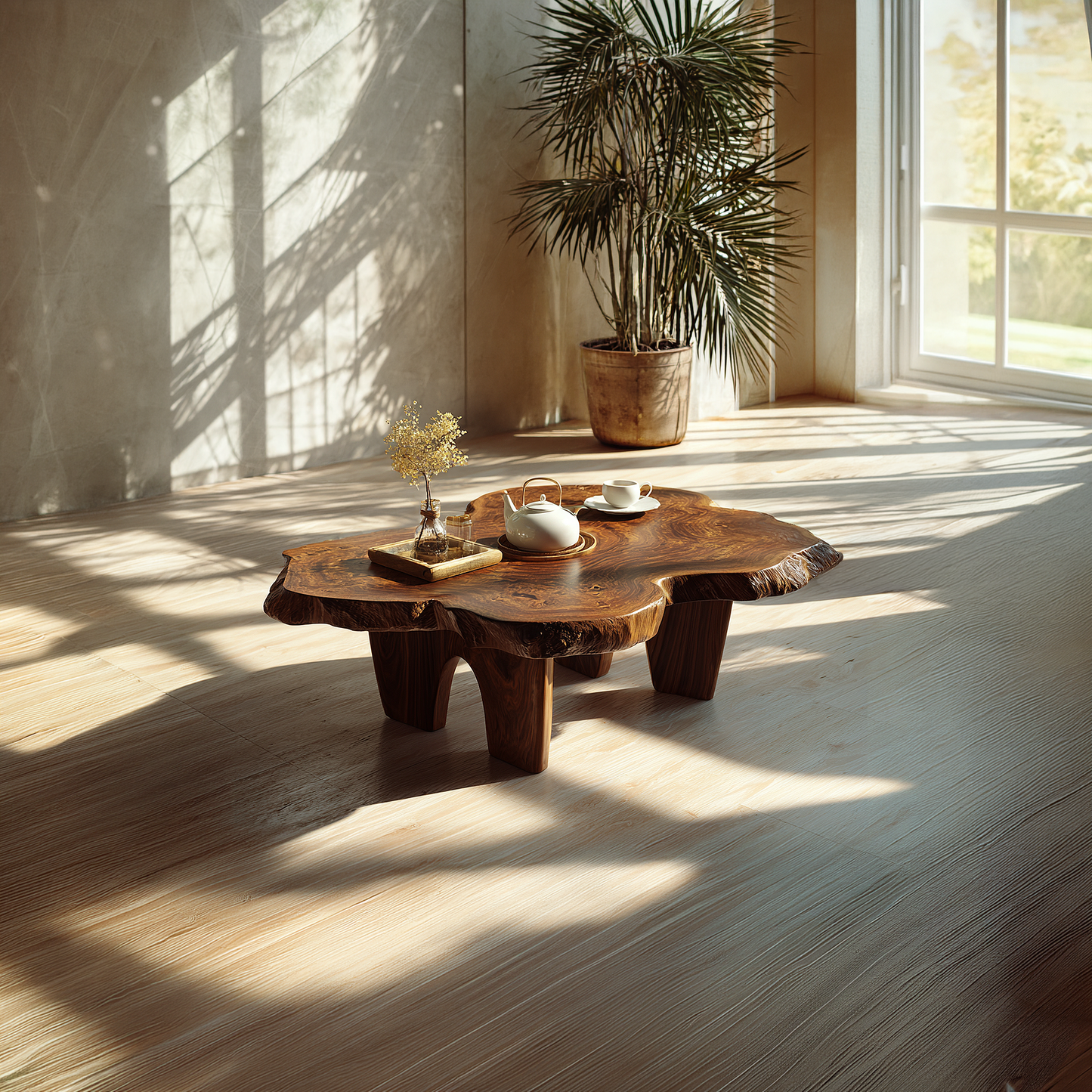 Organic Live Edge Coffee Table with Sculptural Low Profile Base