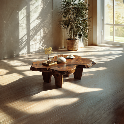 Organic Live Edge Coffee Table with Sculptural Low Profile Base