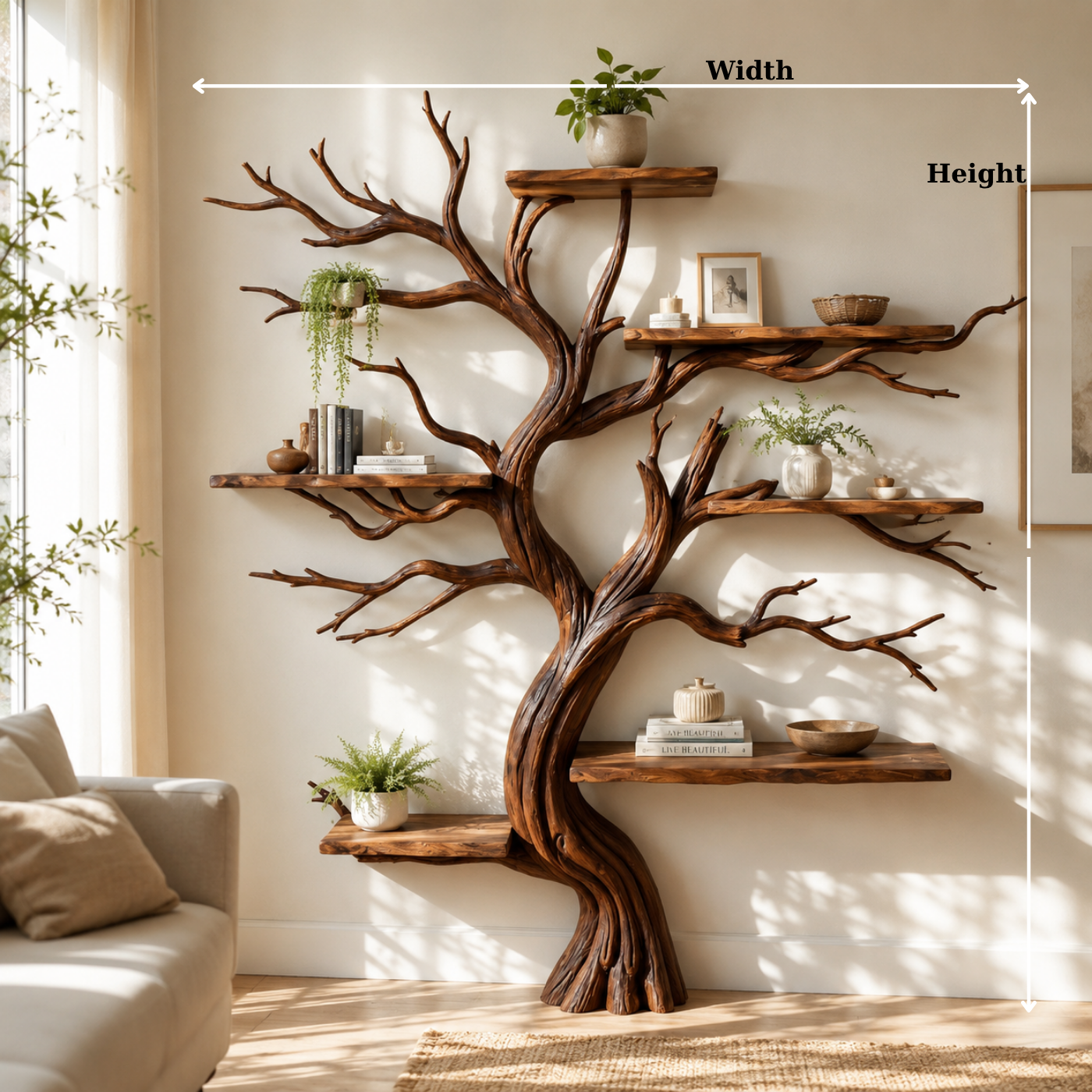 Handcrafted Solid Wood Tree Bookshelf with Twisting Sculptural Branches