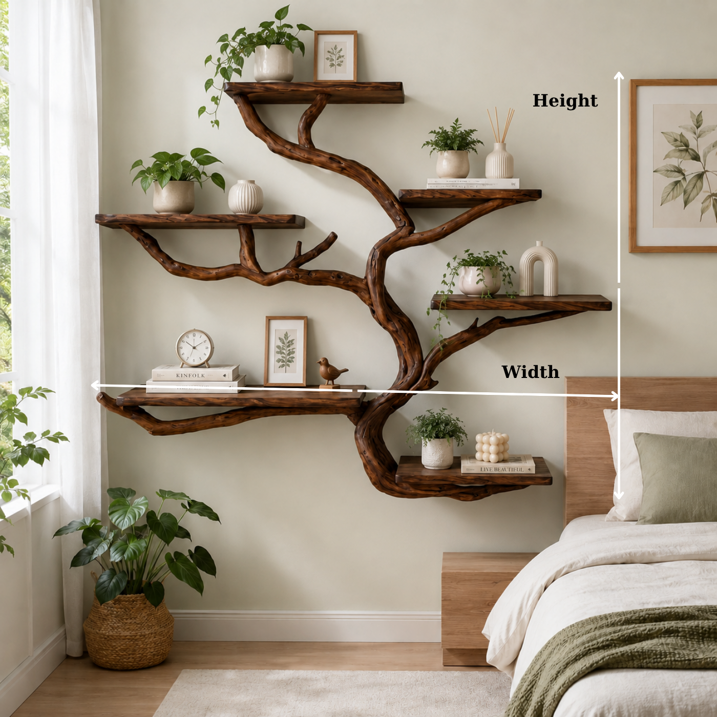 Handcrafted Solid Wood Tree Bookshelf with Curved Floating Shelves