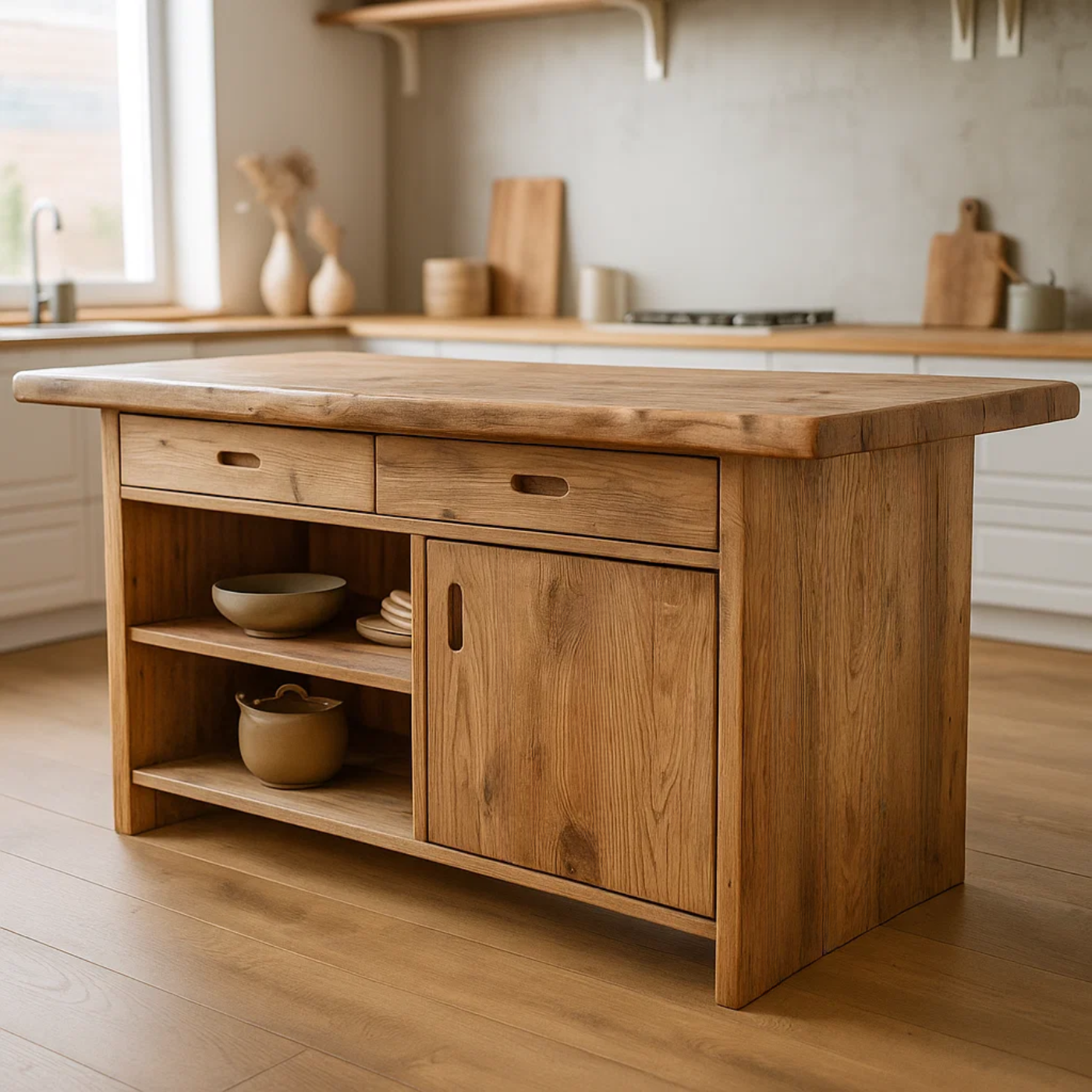 Handcrafted Solid Wood Kitchen Island with Open Shelves and Sliding-Door Storage Kitchnce