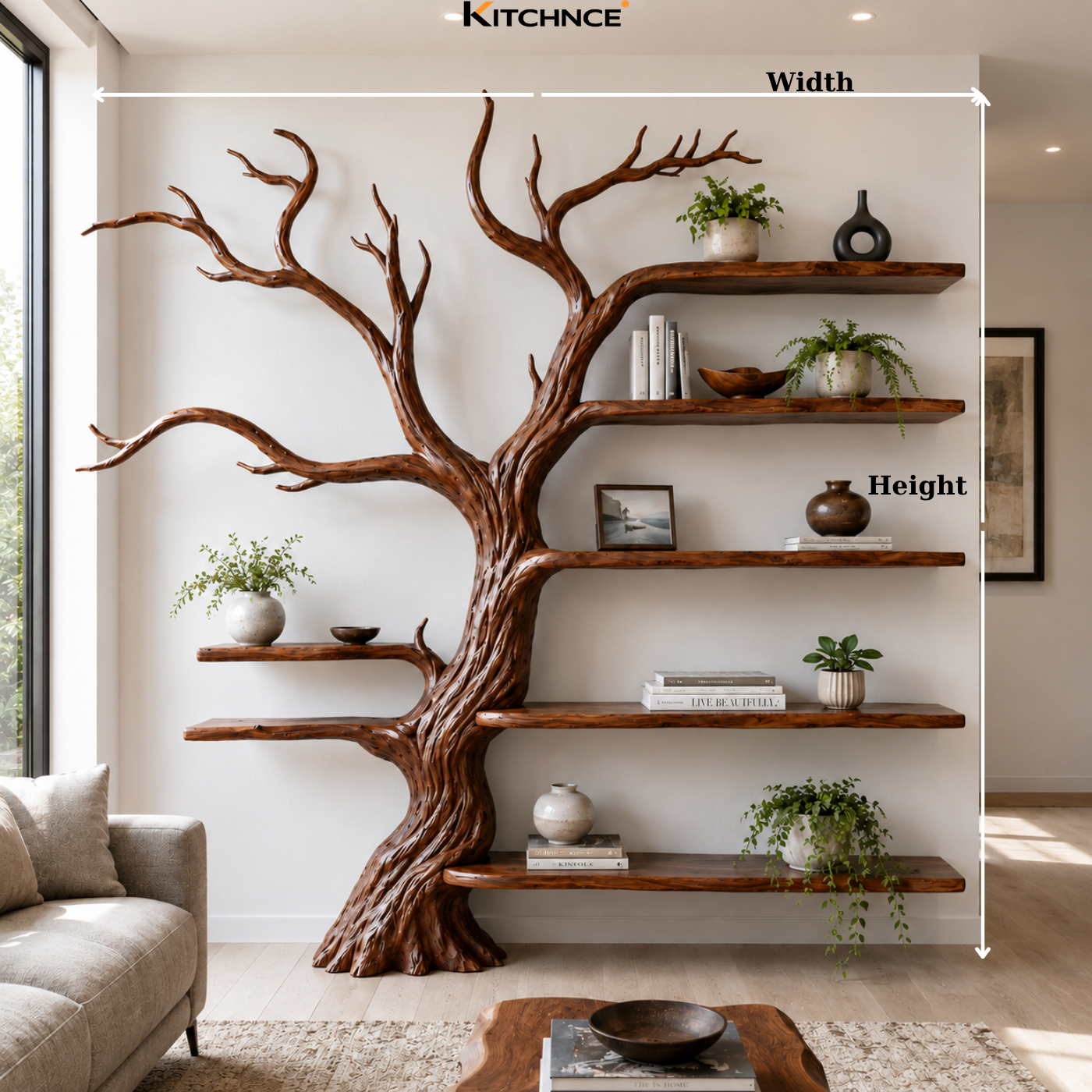Handcrafted Solid Wood Tree Bookshelf with Open Floating Shelves