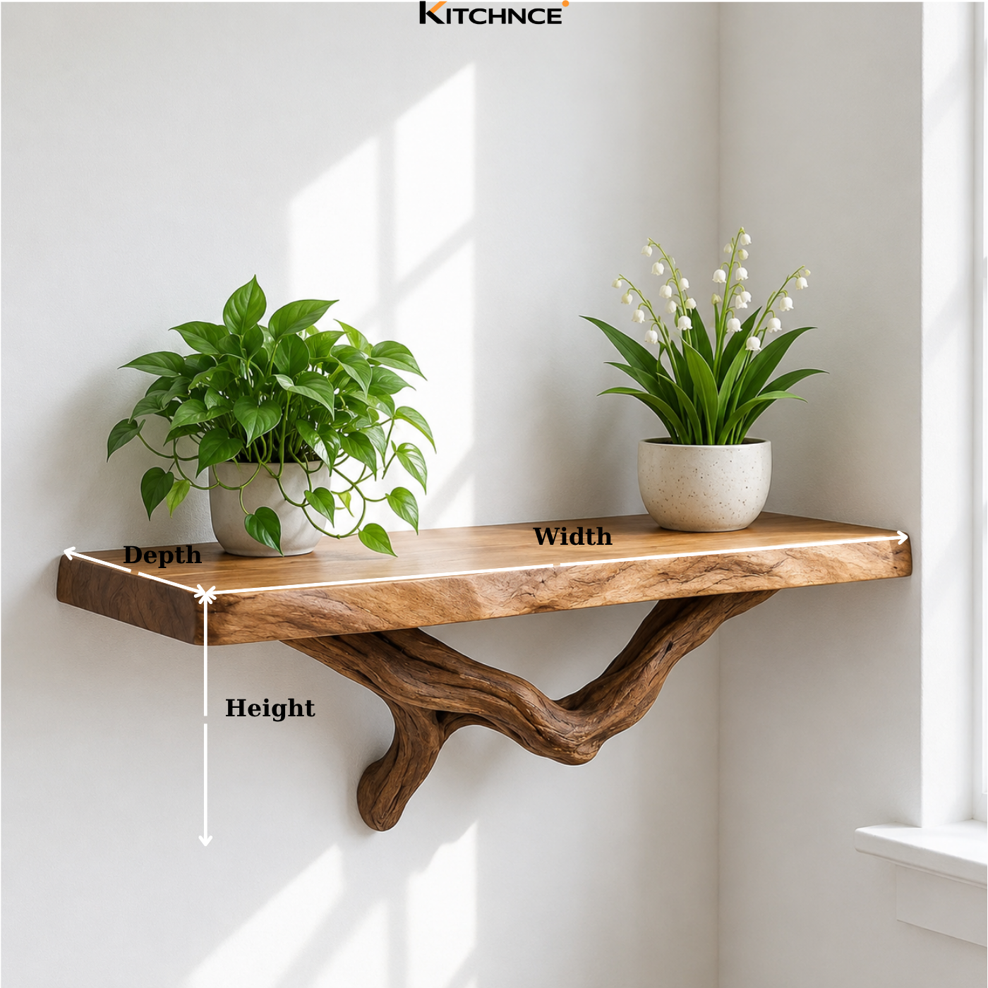 Handcrafted Solid Wood Live Edge Floating Shelf with Sculptural Wood Bracket