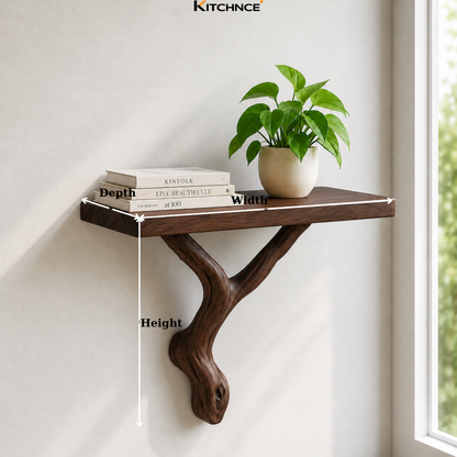 Handcrafted Solid Wood Floating Shelf with Organic Wood Bracket