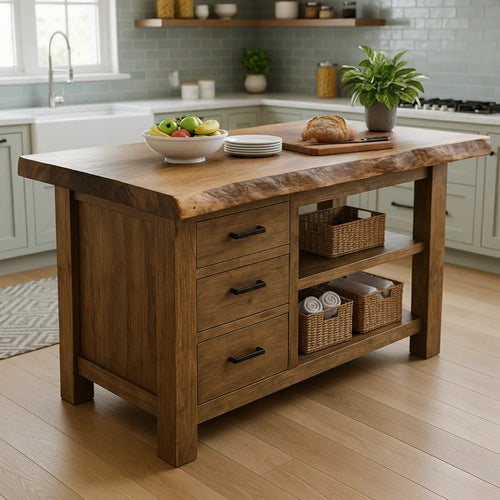 Handcrafted Solid Wood Kitchen Island - Live Edge, Drawers & Open Shelves Kitchnce