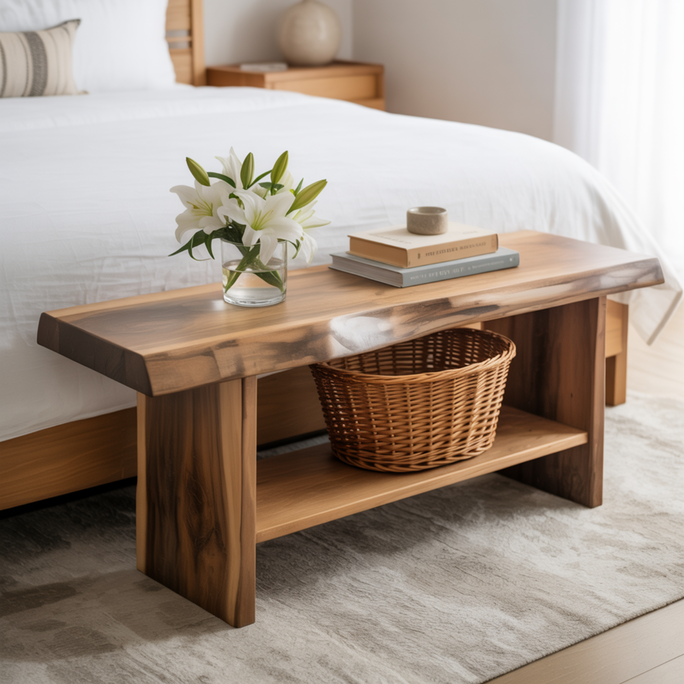 Handcrafted Solid Wood Bench – Live Edge Seating & Bedroom Storage Kitchnce