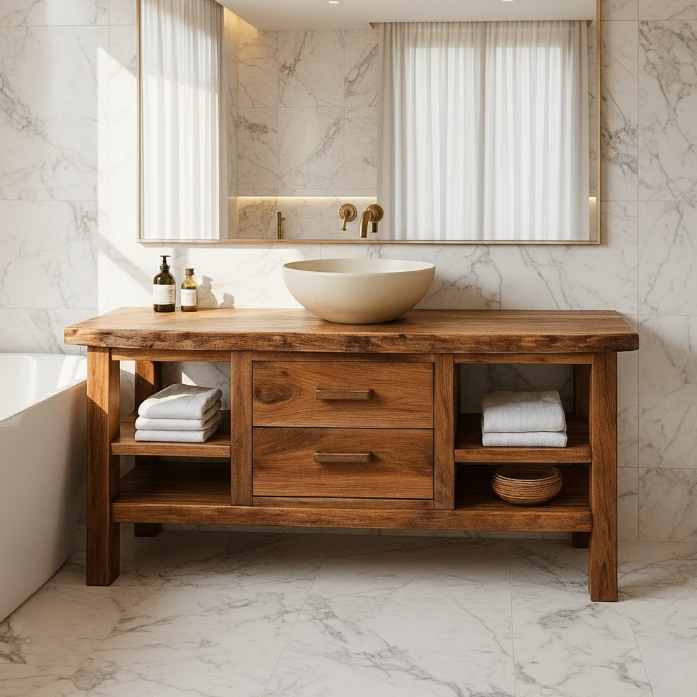 Handcrafted Solid Wood Bathroom Vanity - Live Edge Top, 2 Drawers & Open Frame Shelving Kitchnce