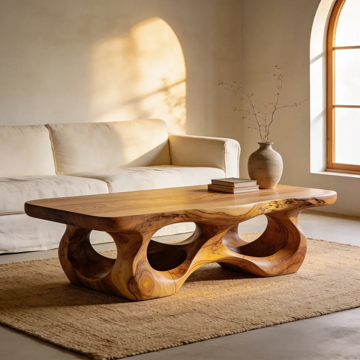 Organic Sculptural Natural Wood Coffee Table with Carved Base