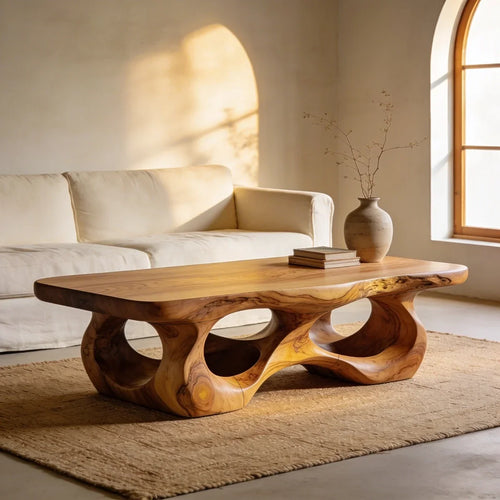 Organic Sculptural Natural Wood Coffee Table with Carved Base