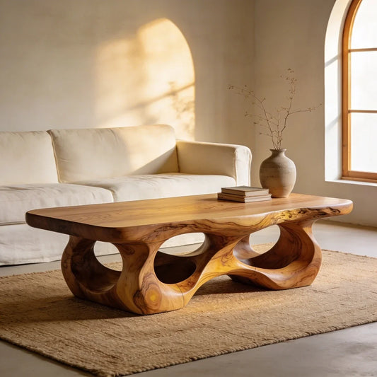 Organic Sculptural Natural Wood Coffee Table with Carved Base