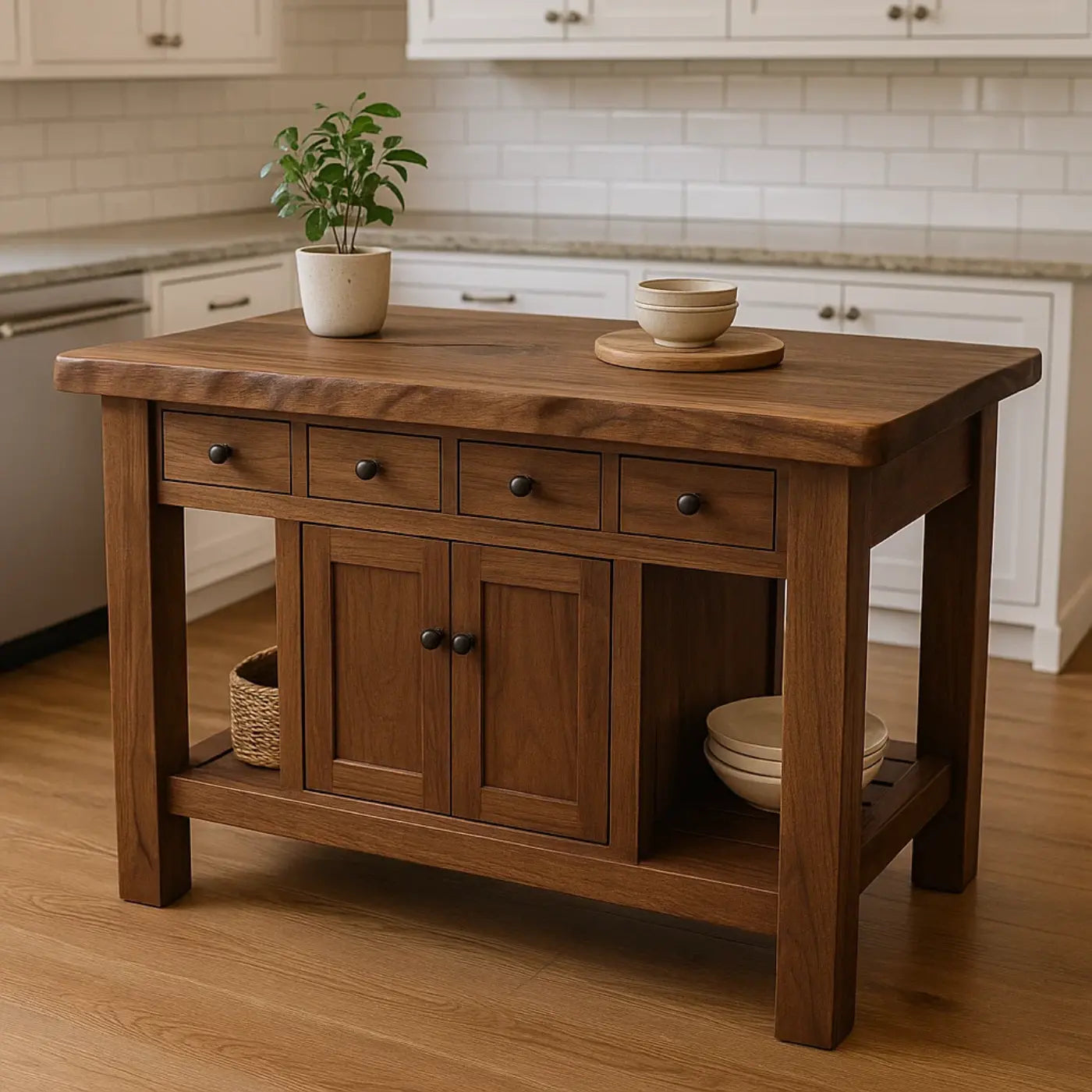 Handcrafted Solid Wood Kitchen Island - 4 Drawers & Cabinet Storage Kitchnce