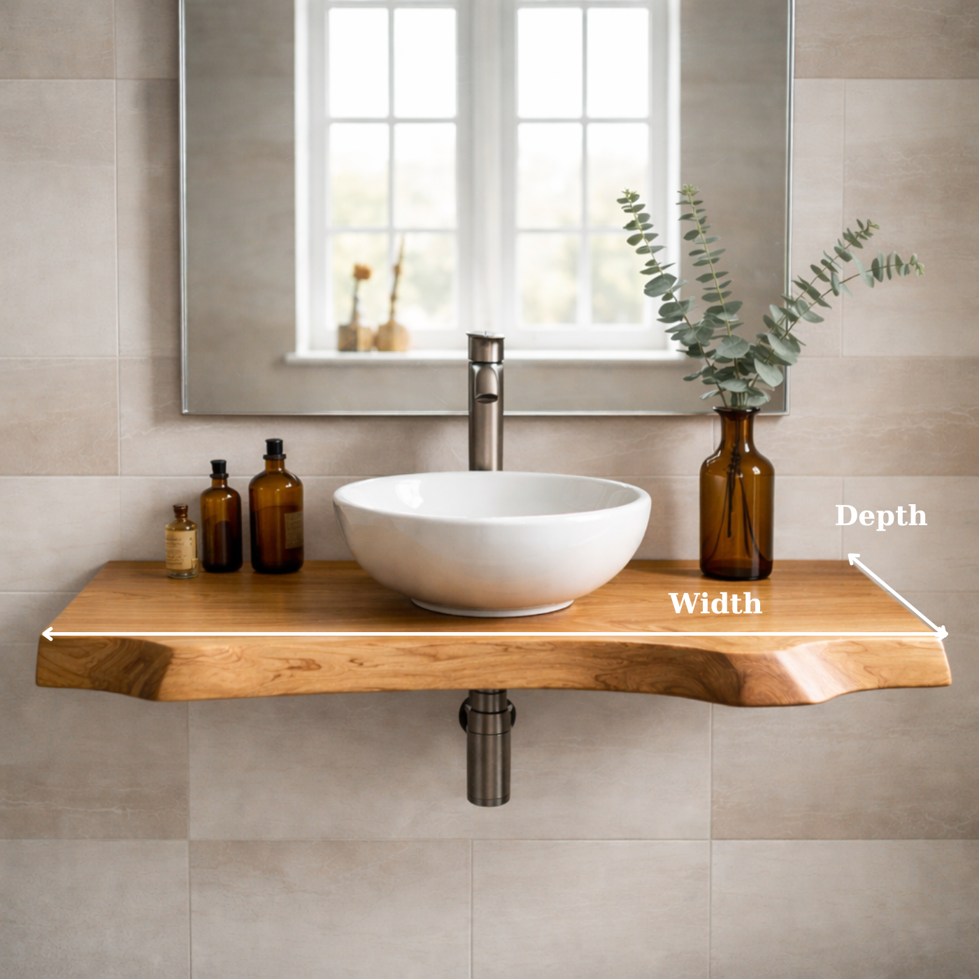 Floating Live Edge Solid Wood Bathroom Vanity – Wall Mounted Natural Wood Slab Vanity Kitchnce