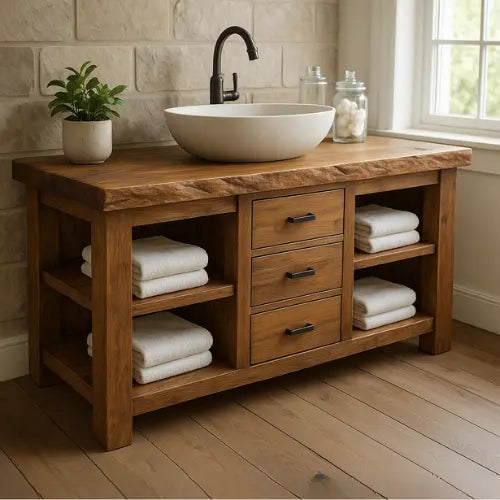 Handcrafted Solid Wood Bathroom Vanity – Live Edge Top with 3 Drawers & Open Shelving Kitchnce