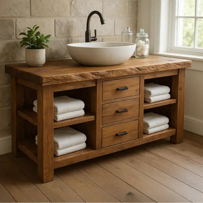 Handcrafted Solid Wood Bathroom Vanity – Live Edge Top with 3 Drawers & Open Shelving Kitchnce