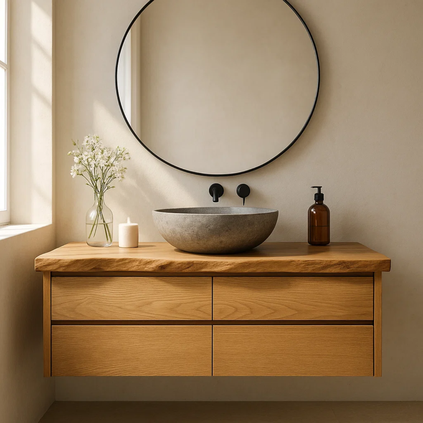 Handcrafted Solid Wood Floating Bathroom Vanity with Live Edge Top - Minimalist Modern Design Kitchnce