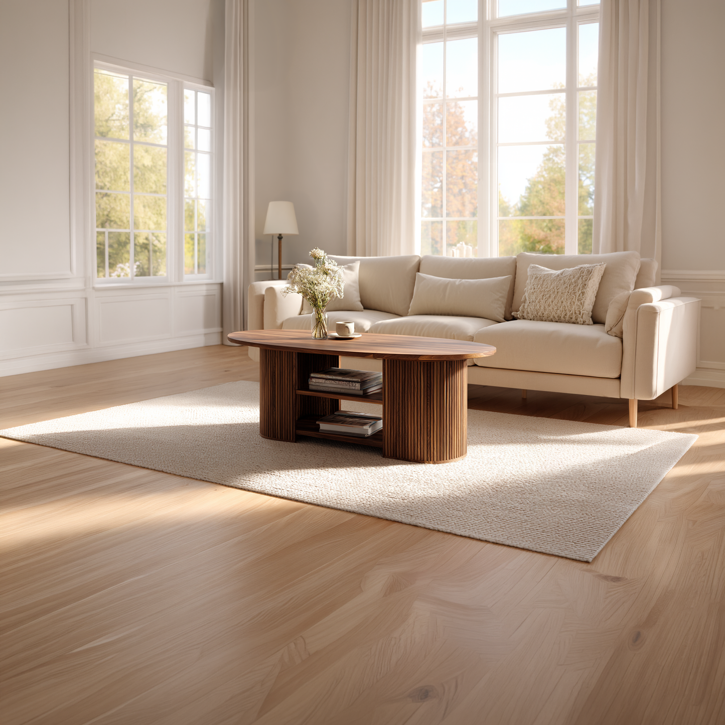 Oval Coffee Table with Fluted Base and Dual Shelf Storage
