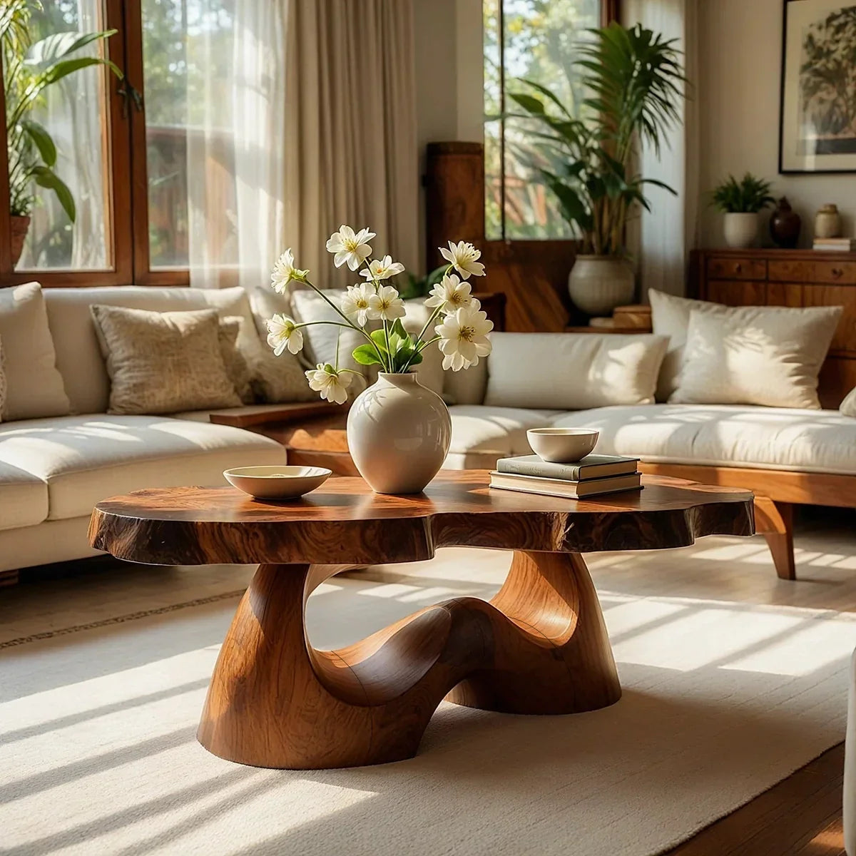 Organic Live Edge Natural Wood Coffee Table with Flowing Sculptural Base