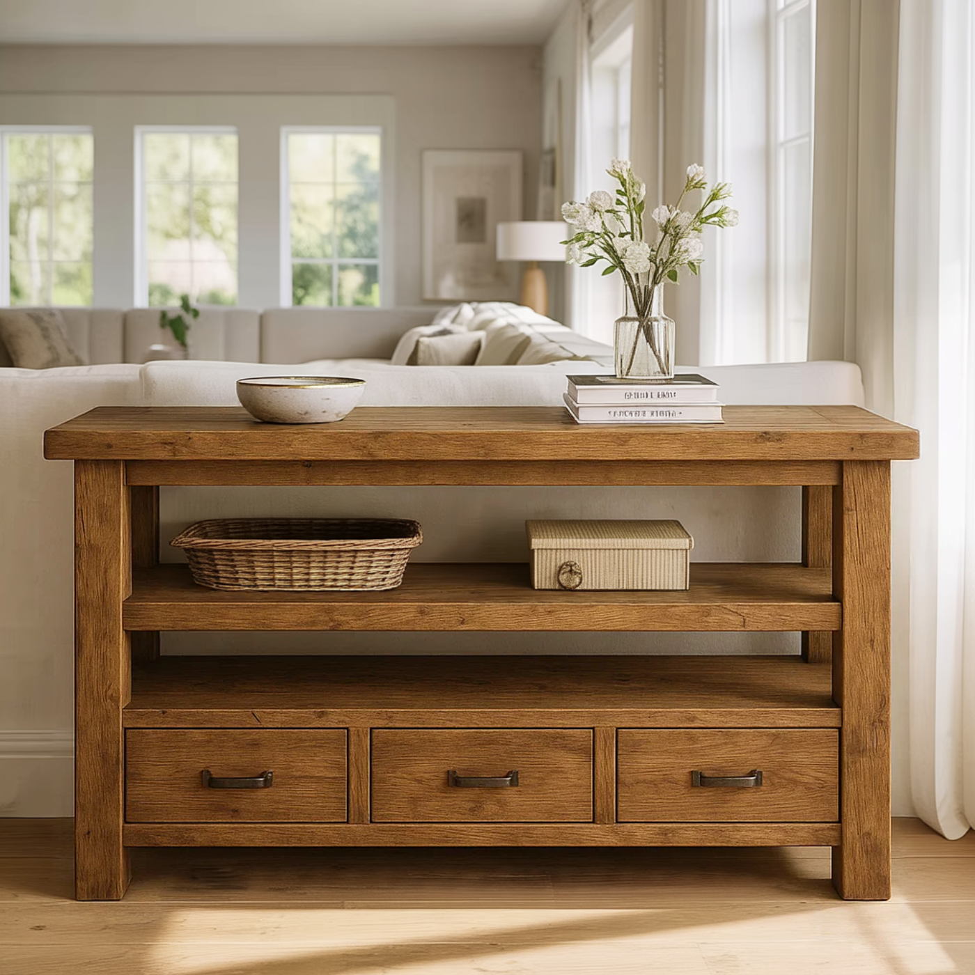 Handcrafted Solid Wood Console Table – Farmhouse Style with Three Storage Drawers Kitchnce