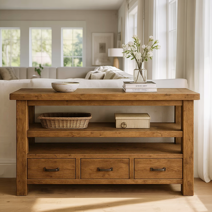 Handcrafted Solid Wood Console Table – Farmhouse Style with Three Storage Drawers Kitchnce