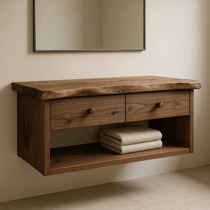 Handcrafted Solid Wood Floating Vanity - Live Edge Walnut Console with 2 Drawers & Open Shelf Kitchnce