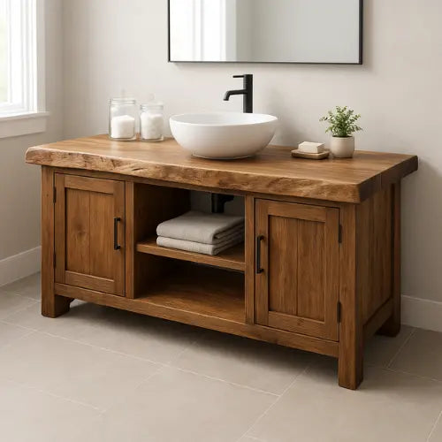 Handcrafted Solid Walnut Bathroom Vanity – Live Edge Wood Countertop with Double Cabinets & Open Shelf – Modern Rustic Design for Warm Spaces Kitchnce
